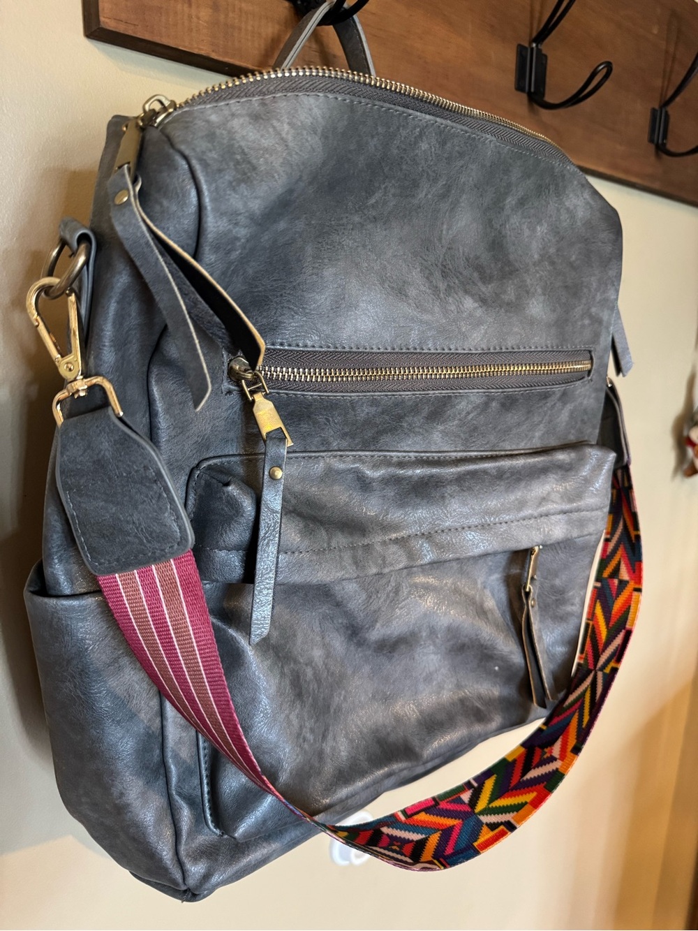 Gray Faux-Leather Women’s Backpack with Colorful Detachable Strap